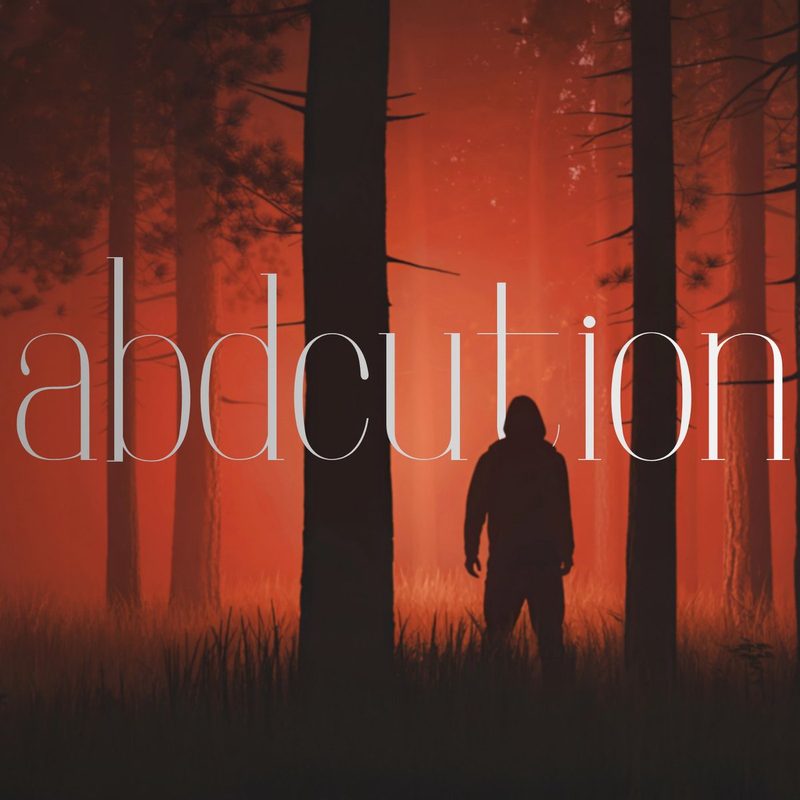 Album cover design — Abdcution, dark red forest with hooded figure
