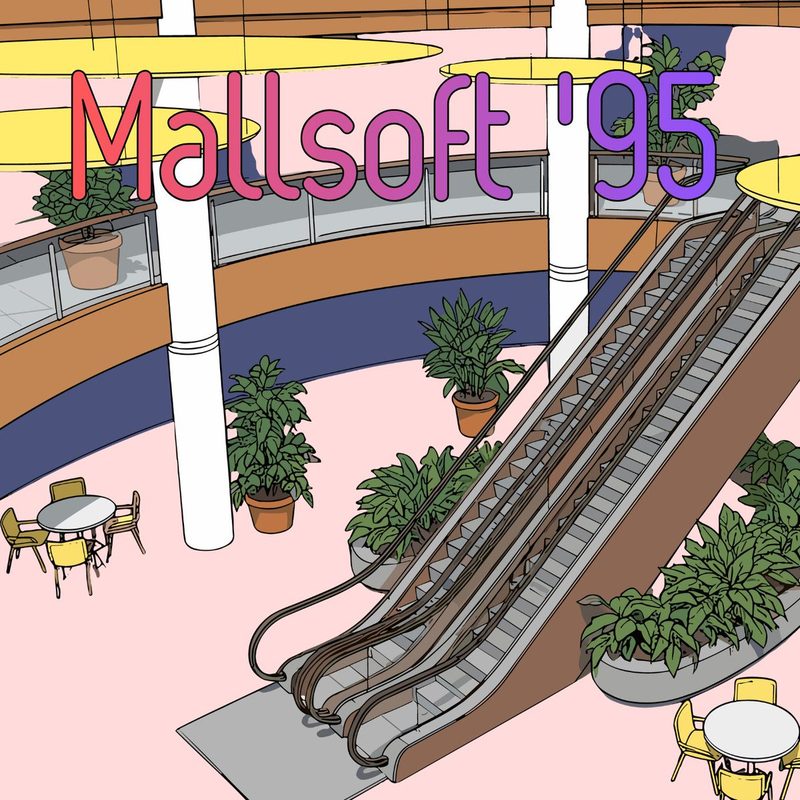 Album cover design — Mallsoft '95, vaporwave mall illustration