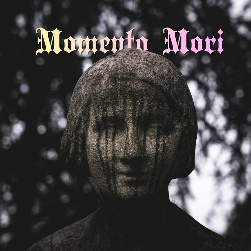 Album cover design — Momento Mori, gothic stone statue with blackletter text