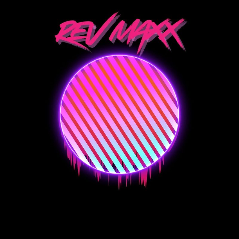 Album cover design — Rev Maxx, synthwave neon striped circle on black